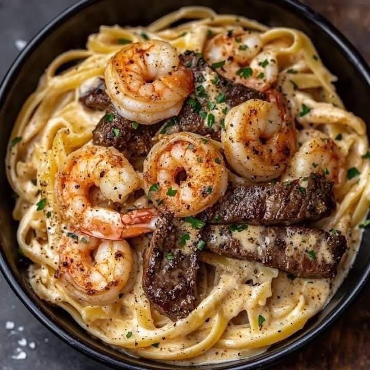 Cajun Shrimp and Steak Alfredo Pasta