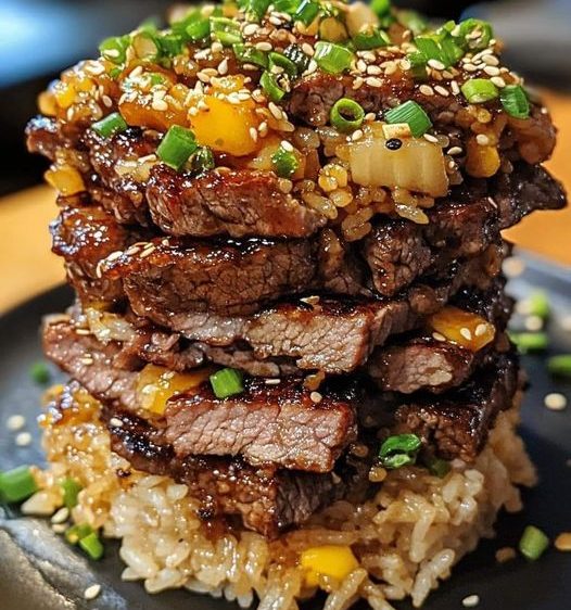 Sesame Ginger Beef Rice Stack