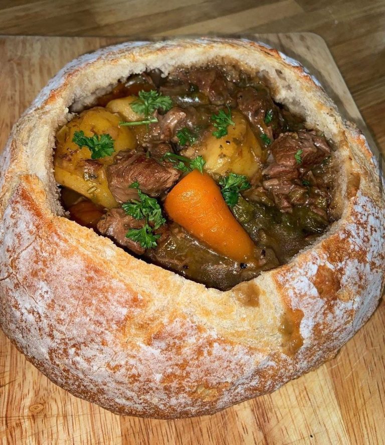 Beef stew in a bread bowl